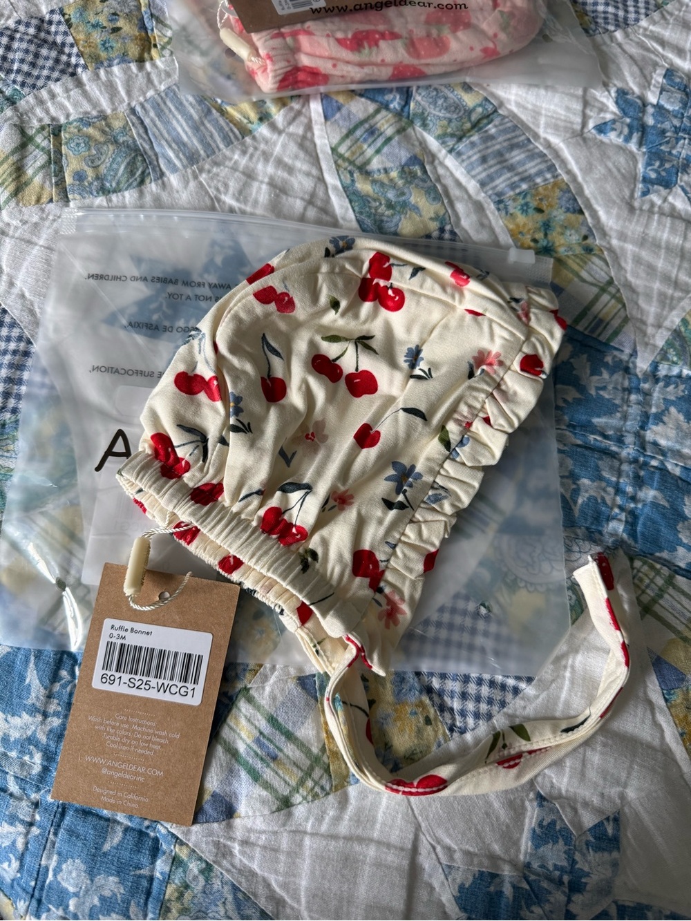 Ruffle Bonnet - Cherry and flower print